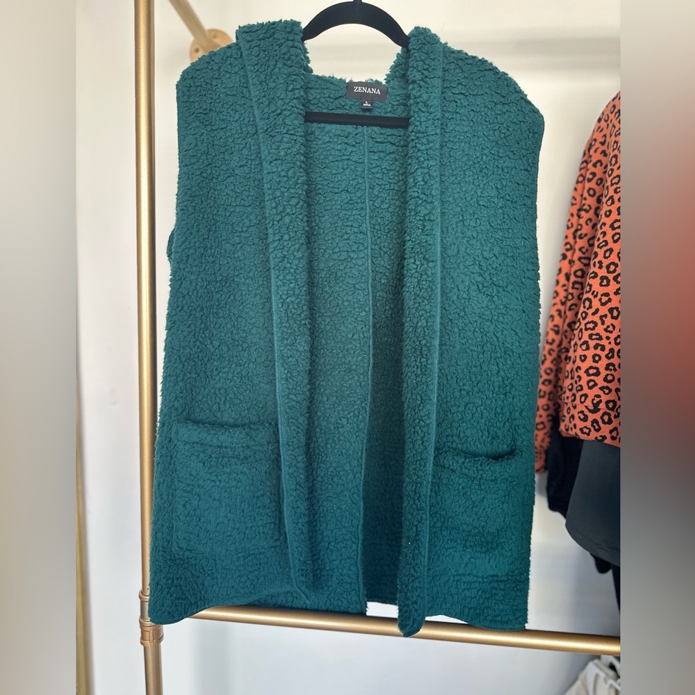 Zenana Teal Sherpa Hooded Vest - Size L (New Without Tags)